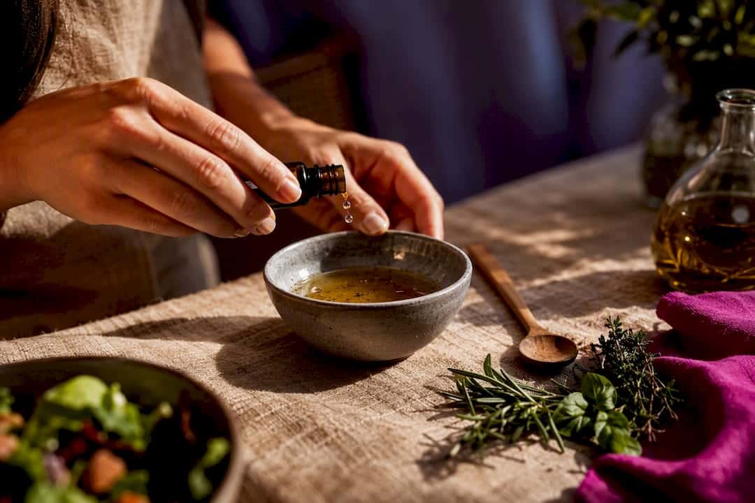 Des mains incorporant du CBD dans une vinaigrette