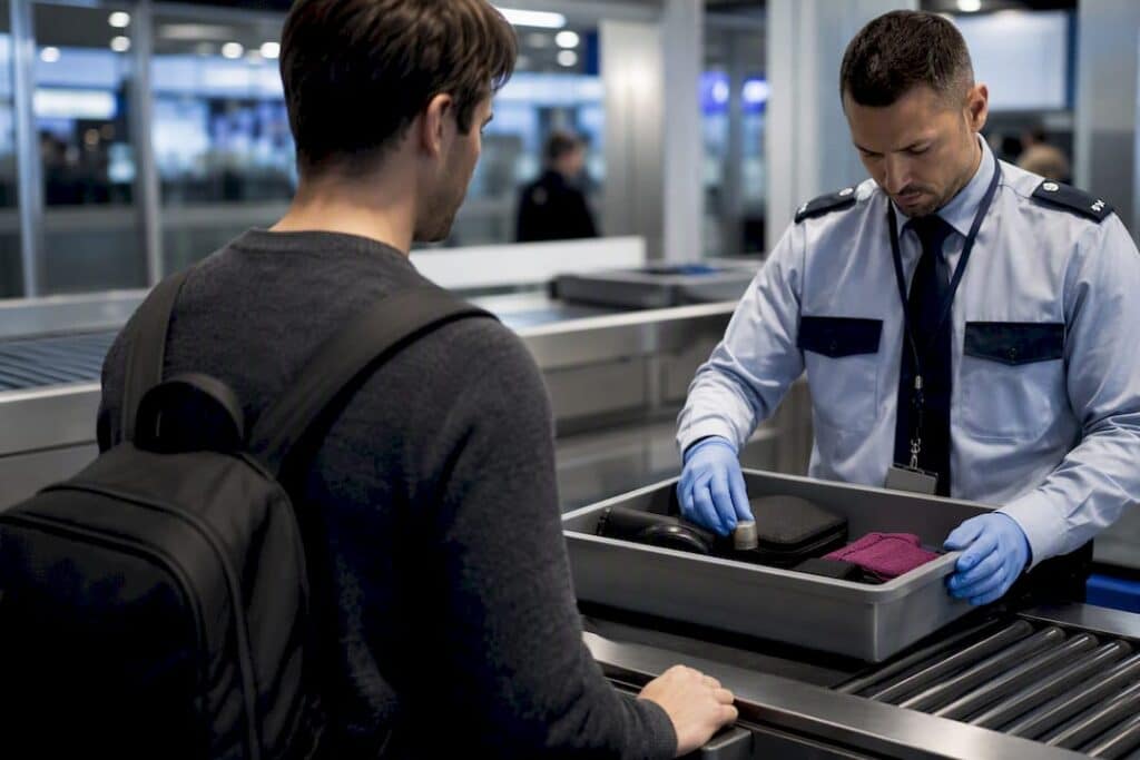 Passagerare som går igenom tullen på flygplatsen