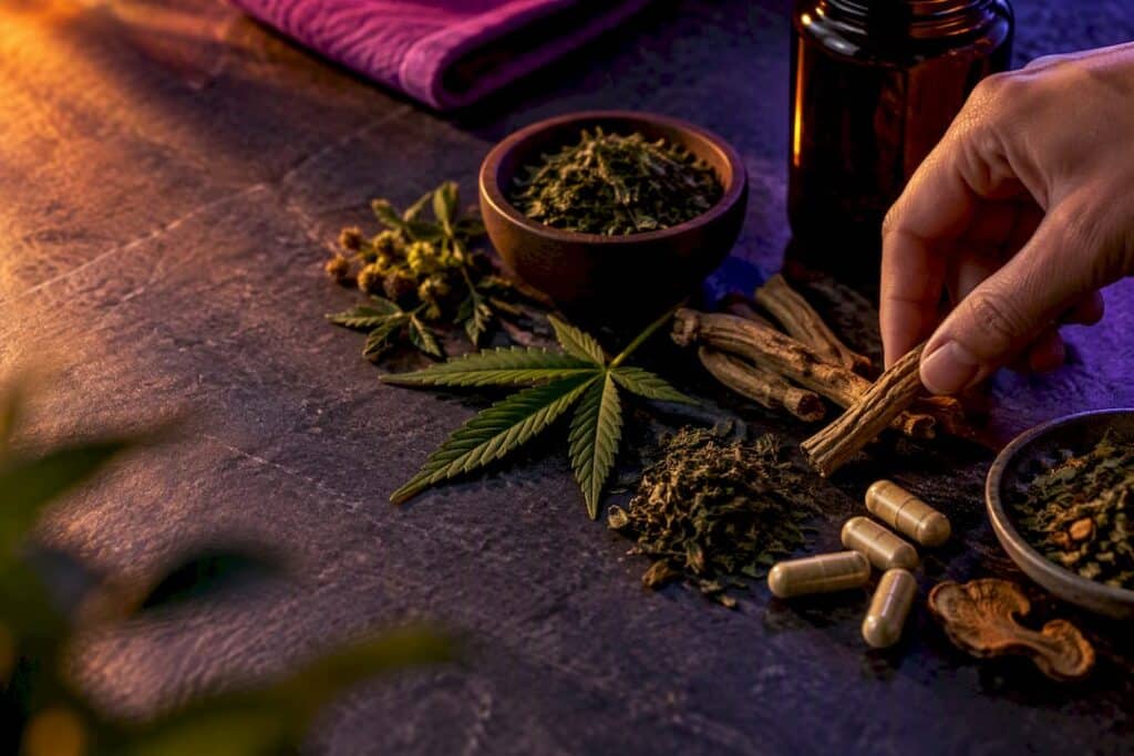 CBD- en adaptogene ingrediënten op een donkere tafel