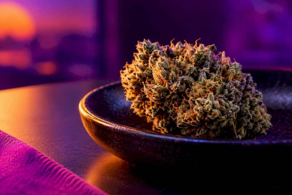 Nahaufnahme einer CBD-Blüte mit deutlich sichtbaren Trichomen