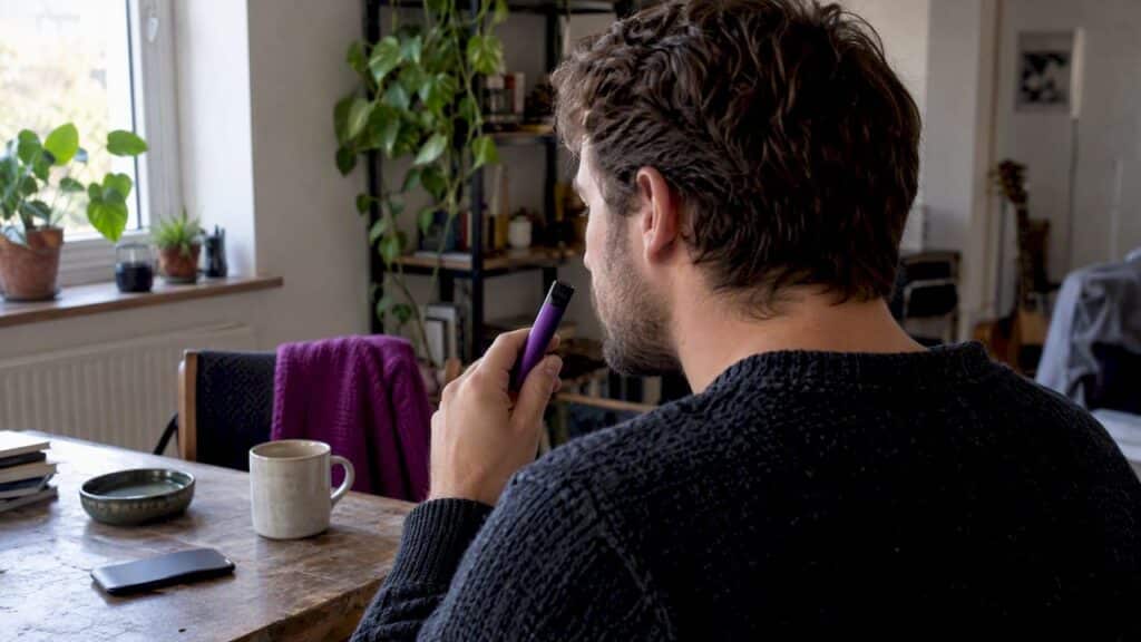 Adulte consommant une puff CBD avec précaution