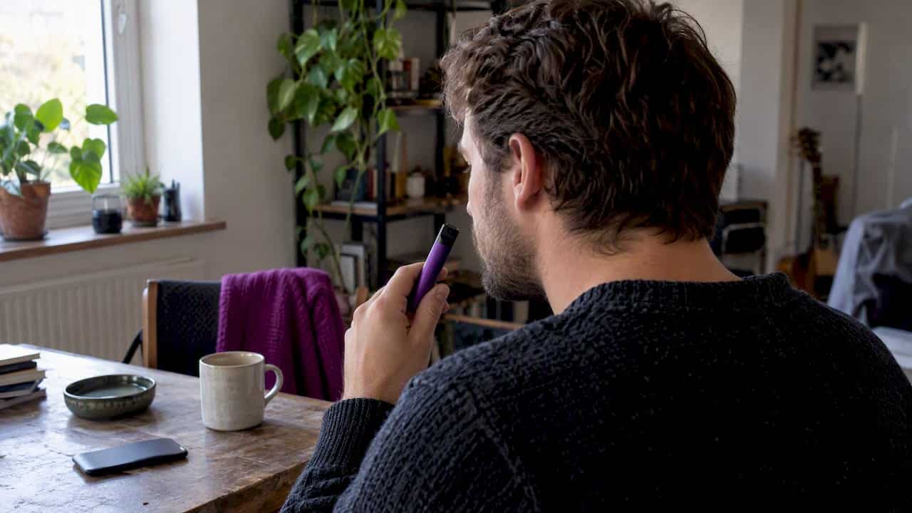 Adulte consommant une puff CBD avec précaution